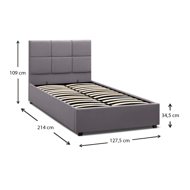 Kingston Megapap velvet bed with storage space in grey color 120x200cm.