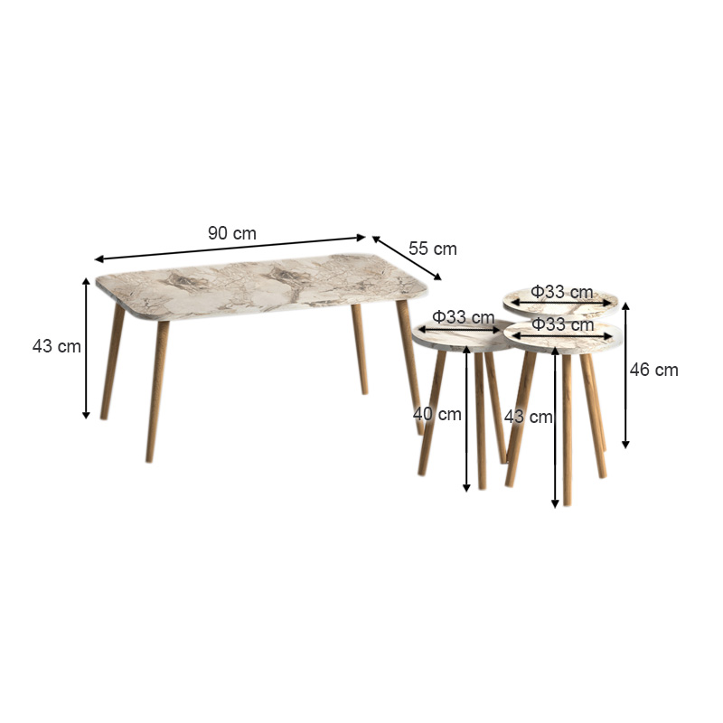 Soul Megapap melamine coffee table set of 4 in beige marble effect color 90x55x43cm.
