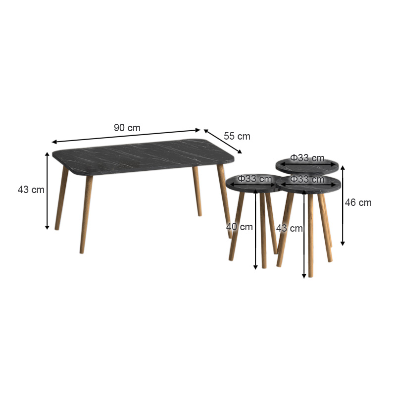 Soul Megapap melamine coffee table set of 4 in black marble effect color 90x55x43cm.