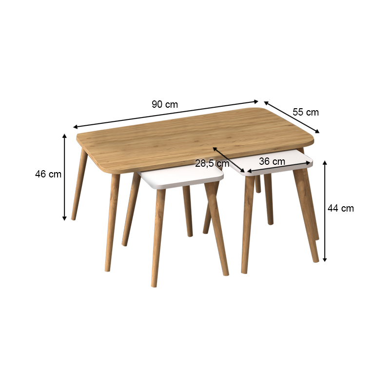 Oliva Megapap melamine coffee table set of 3 in oak - white color 90x55x46cm.