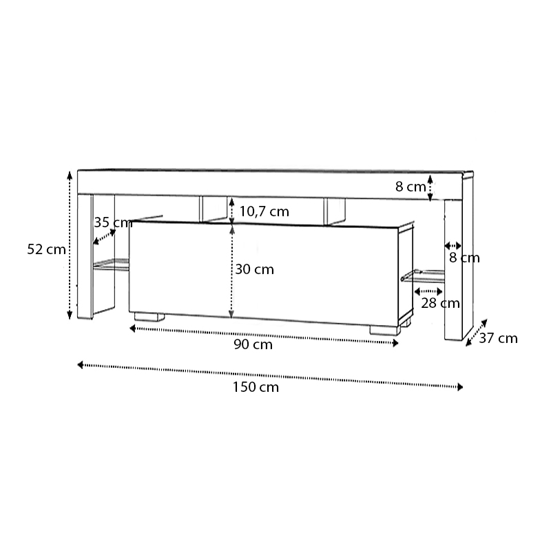 Stilo Megapap melamine TV furniture in white color 150x37x52cm.