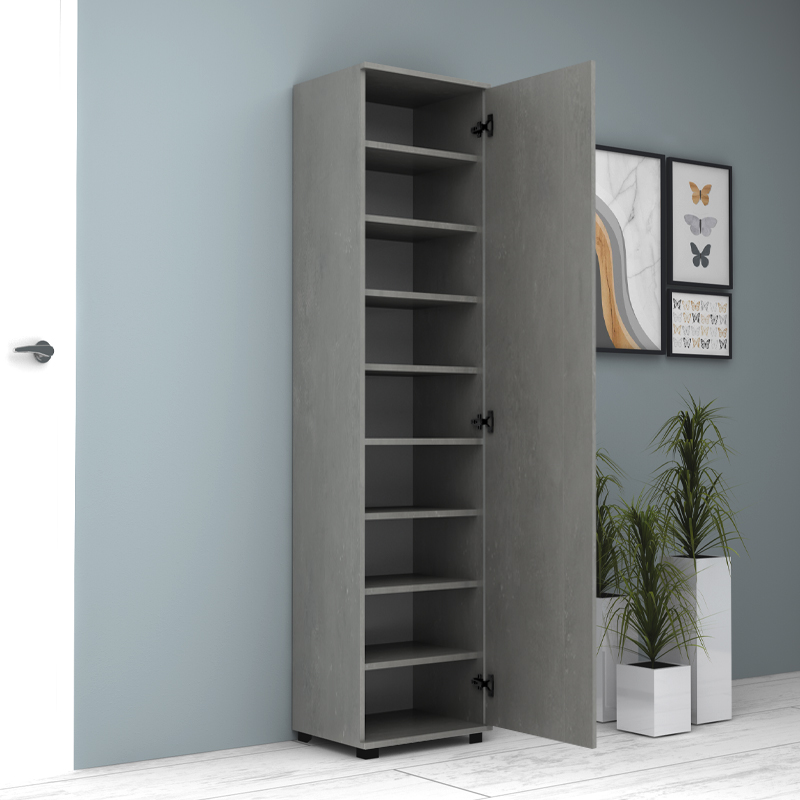 Visla Megapap single-door wardrobe - shoe rack of 20 pairs with mirror in concrete grey color 45x36x187cm.
