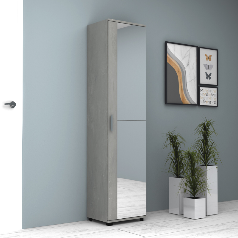 Visla Megapap single-door wardrobe - shoe rack of 20 pairs with mirror in concrete grey color 45x36x187cm.