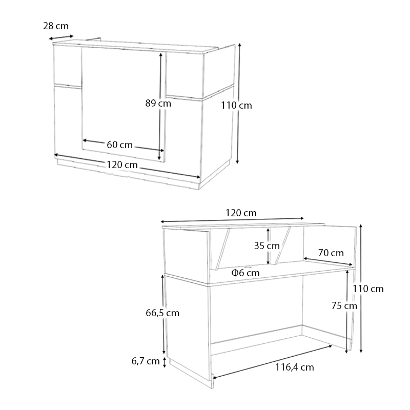 Gemini Megapap melamine reception desk in white color 120x70x110cm.
