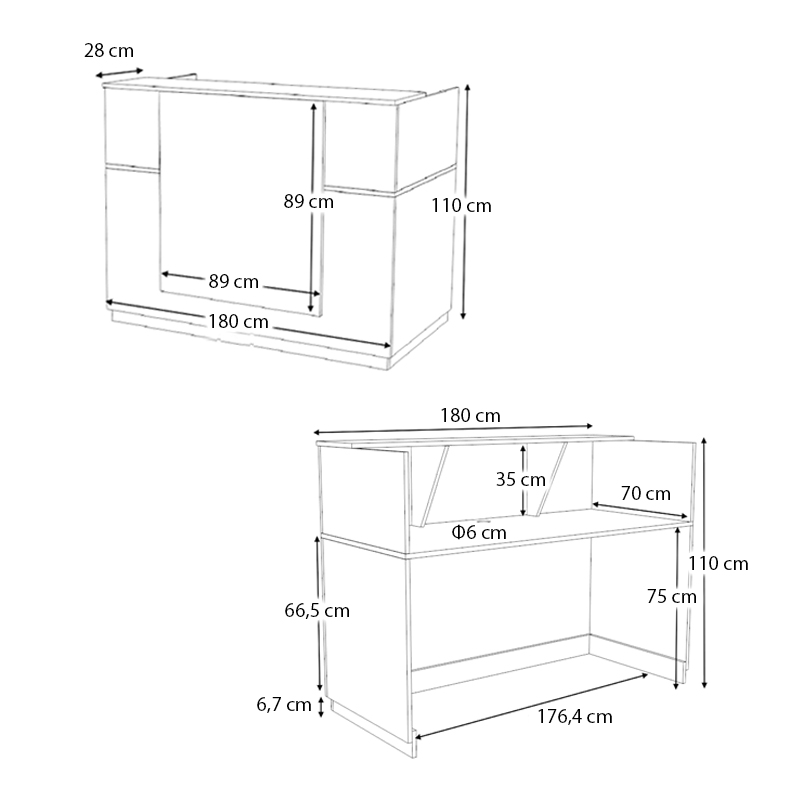 Gemini Megapap melamine reception desk in white color 180x70x110cm.