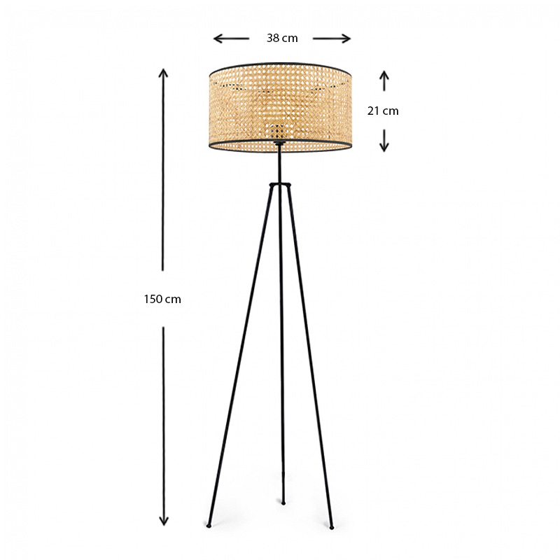 Idaho Megapap E27 metallic/rattan floor lamp in black/natural color Φ38x150cm.