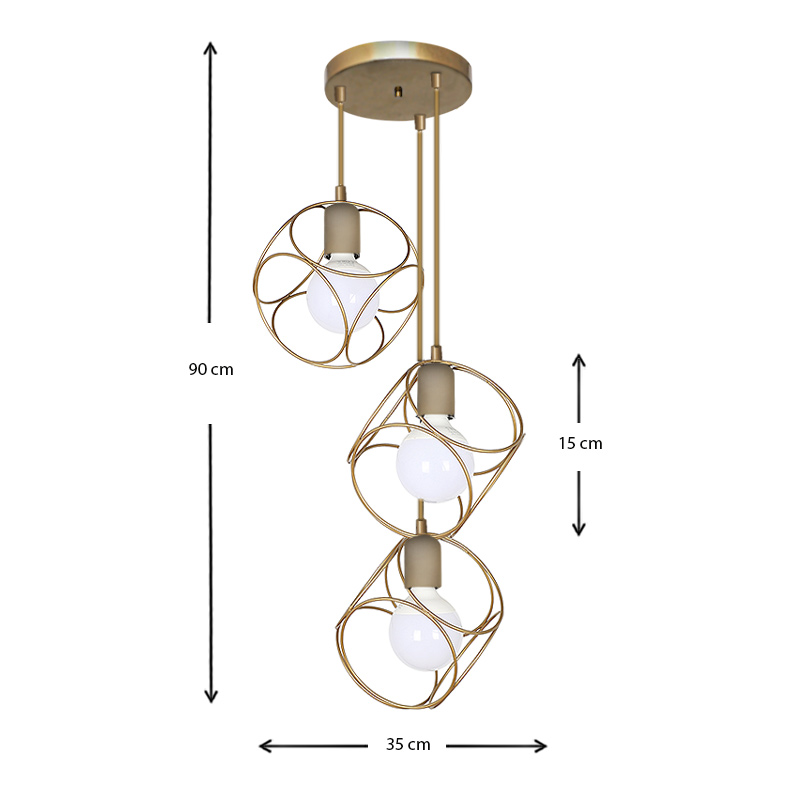 Lusita Megapap E27 metallic three-light ceiling light in golden color 35x35x90cm.