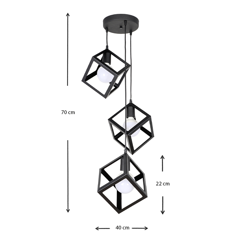 Thora Megapap metallic three-light ceiling light E27  in black color 22x22x70cm.