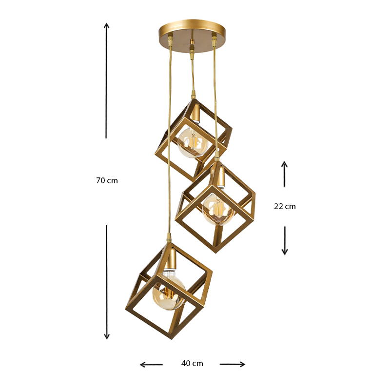 Thora Megapap metallic three-light ceiling light E27  in matte gold color 22x22x70cm.