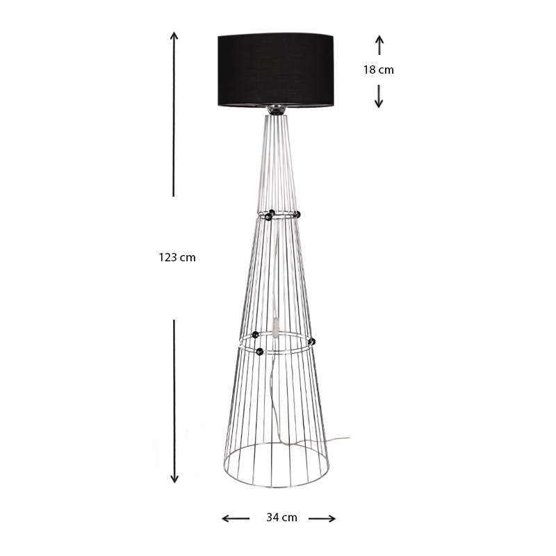 Filip Megapap E27 metal - fabric floor lamp in silver - black color 34x34x123cm.