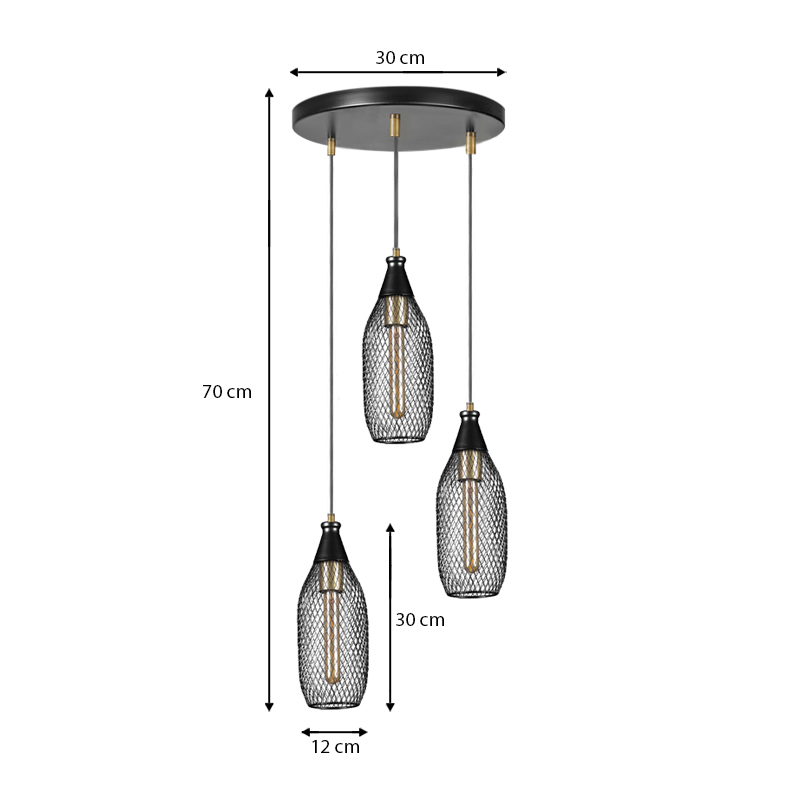 Orazio Megapap E27 metallic three-light ceiling light in black color 30x30x70cm.