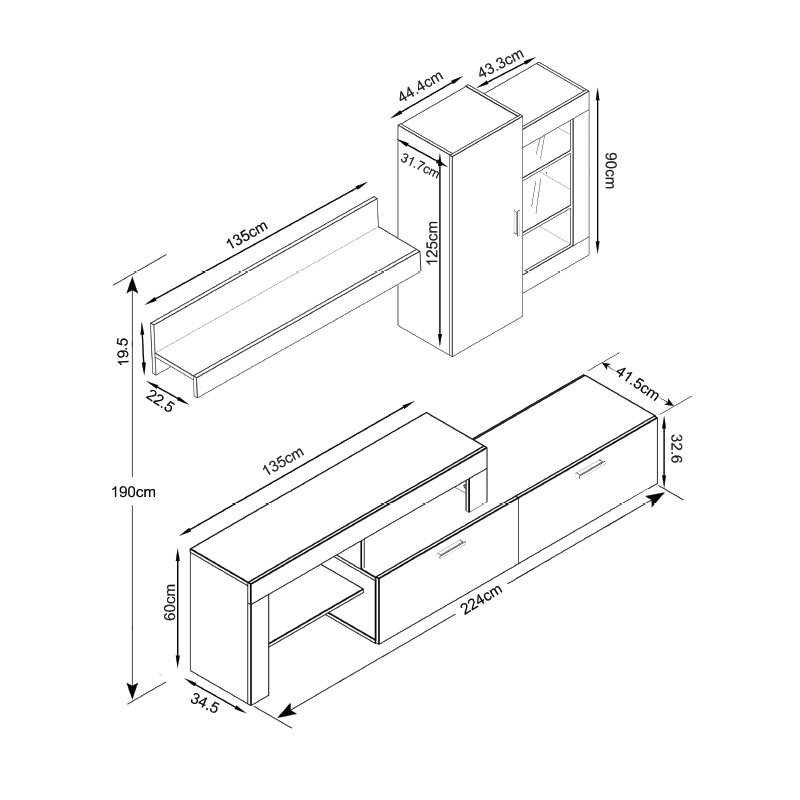 Maeve Megapap melamine TV unit in grey oak - dark atelier color 224x42x190cm.