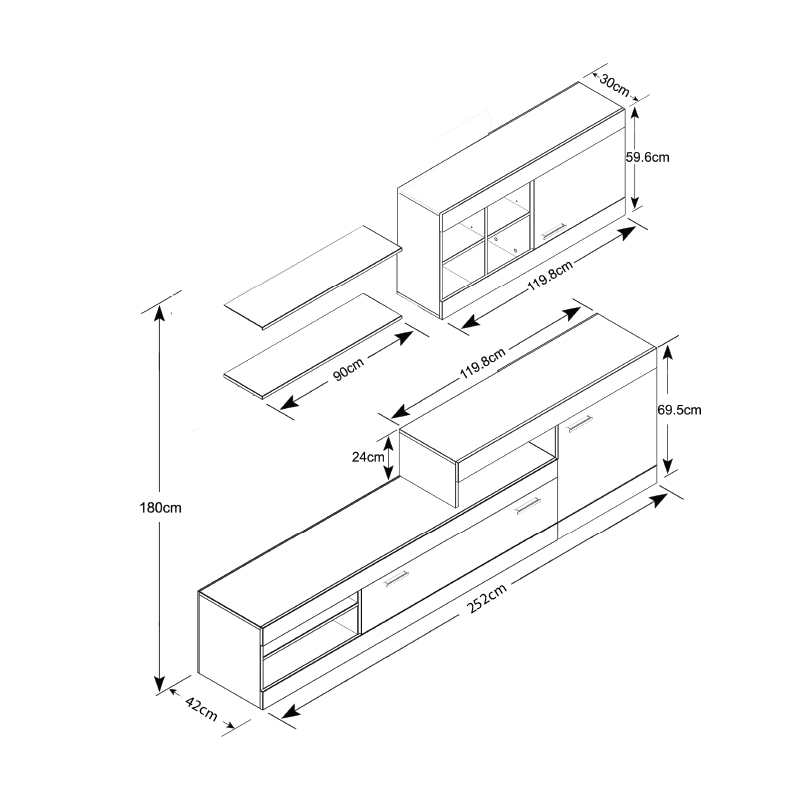 Amalia Megapap melamine TV unit in white grey - anthracite color 252x42x180cm.