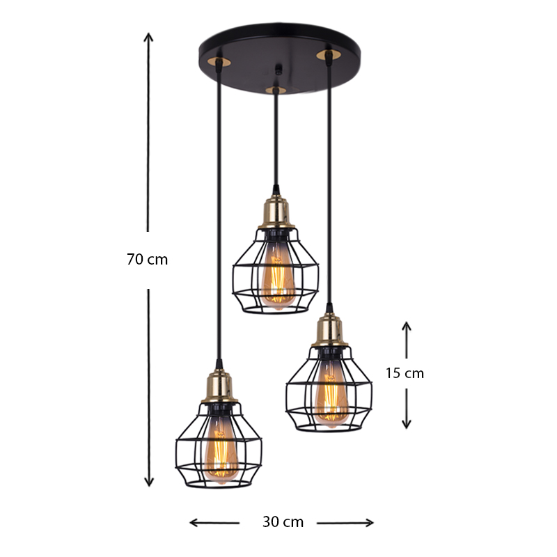 Kiko Megapap E27 metallic three-light ceiling light in black color 30x30x70cm.