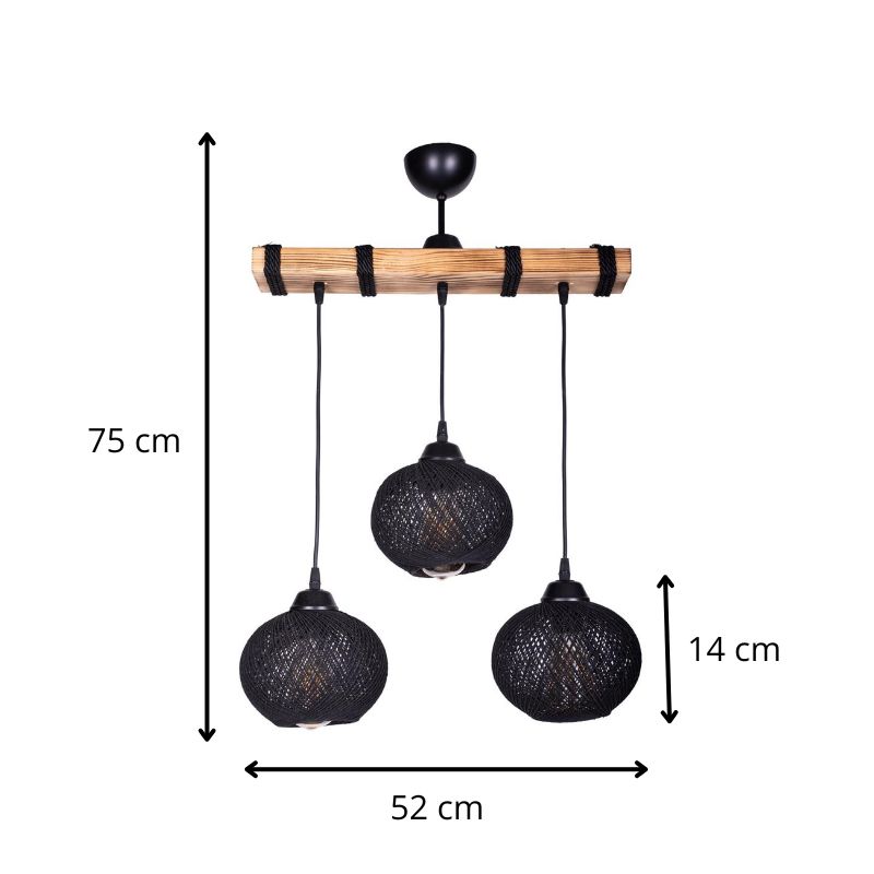 Sirmione Megapap E27 wooden/rope ceiling three-light in black - natural color 49x17x75cm.