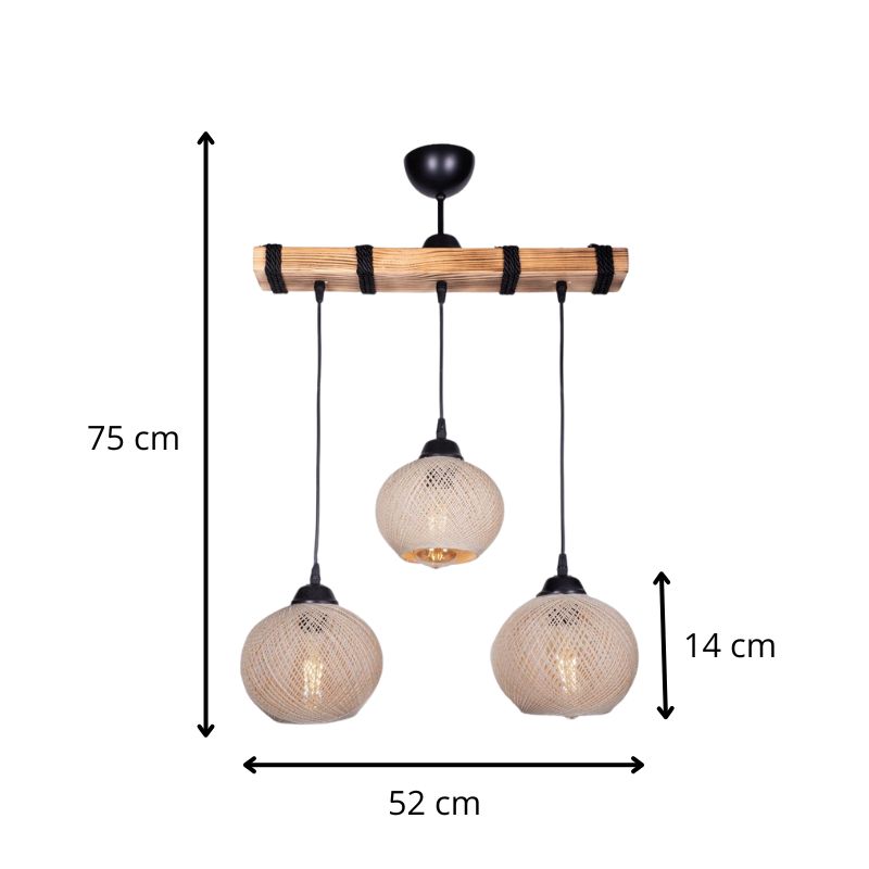 Sirmione Megapap E27 wooden/rope ceiling three-light in beige - natural color 49x17x75cm.