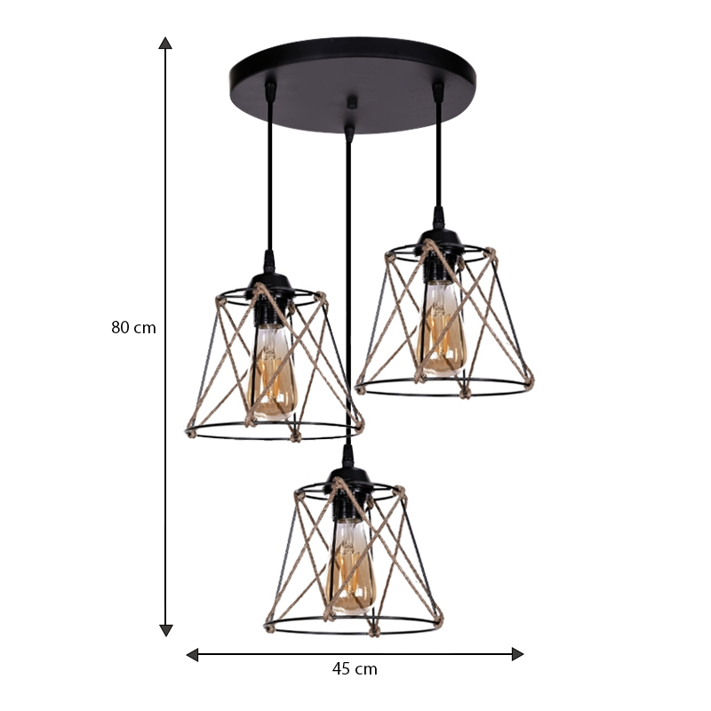 Cesa Megapap E27 metallic - rope ceiling three-light in black color 45x40x70cm.