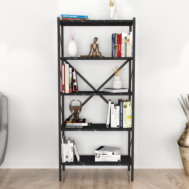 Jocasta Megapap melamine - metal bookcase in black marble effect color 66x34x160cm.