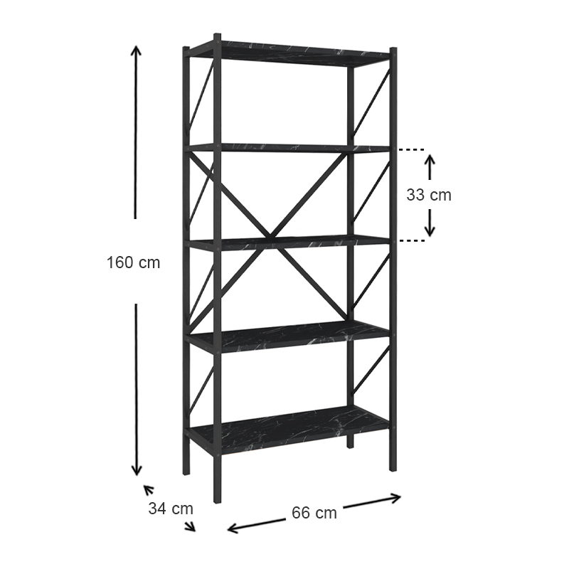 Jocasta Megapap melamine - metal bookcase in black marble effect color 66x34x160cm.