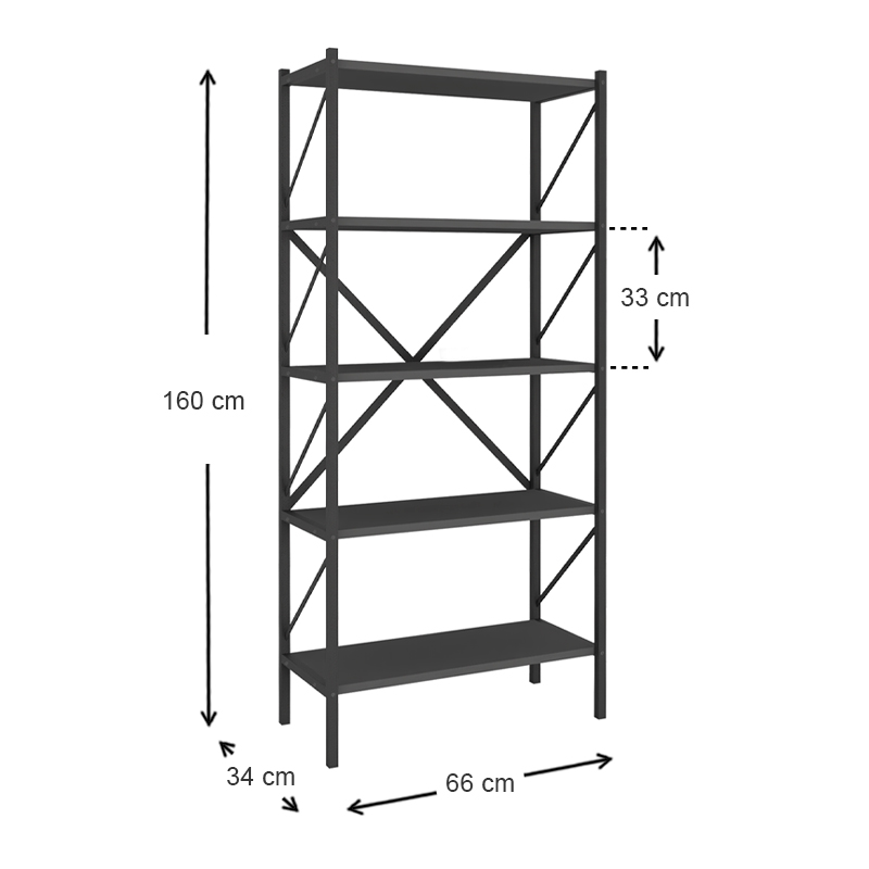 Jocasta Megapap melamine - metal bookcase in anthracite color 66x34x160cm.