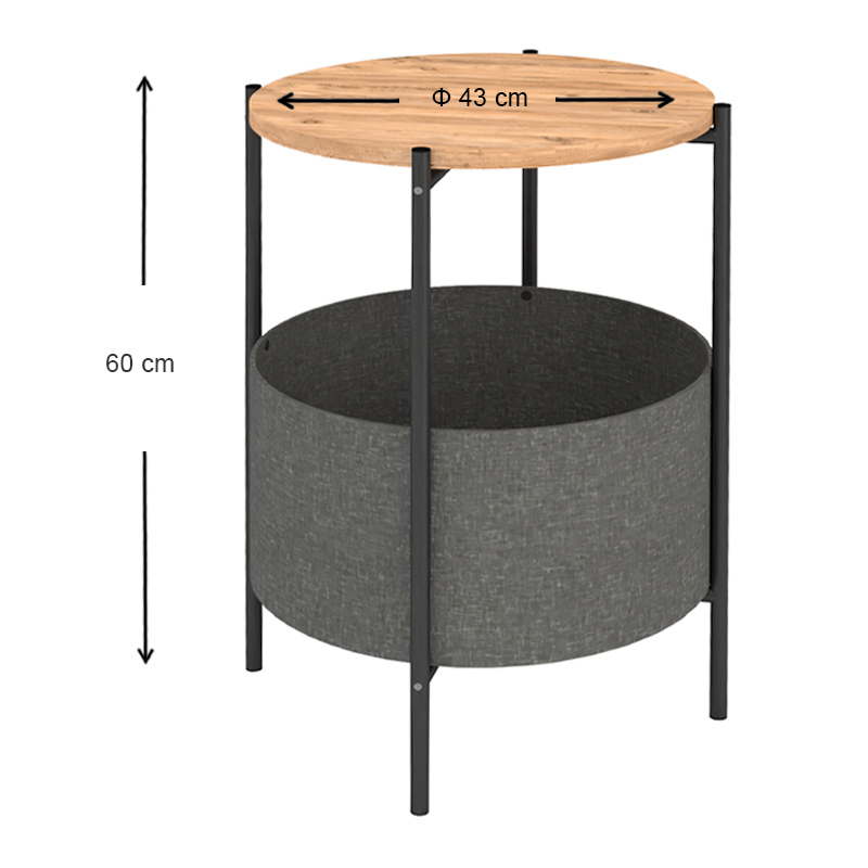 Kalid Megapap melamine- fabric side table in pine oak - grey color 43x43x60cm.