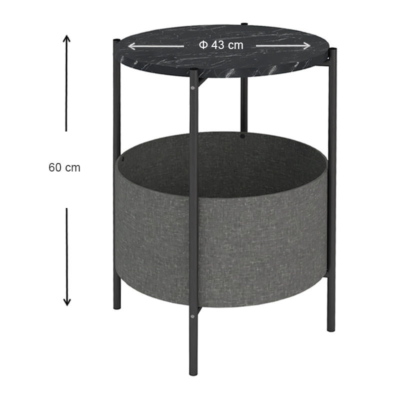 Kalid Megapap melamine- fabric side table in black marble effect - grey color 43x43x60cm.