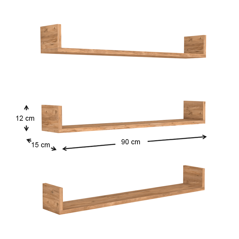 Tyrion Megapap 3 pieces melamine wall shelves in pine oak color 90x15x12cm.