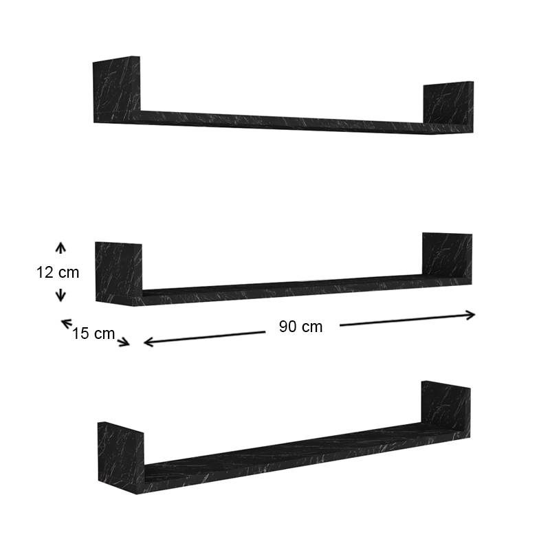 Tyrion Megapap 3 pieces melamine wall shelves in black marble effect color 90x15x12cm.