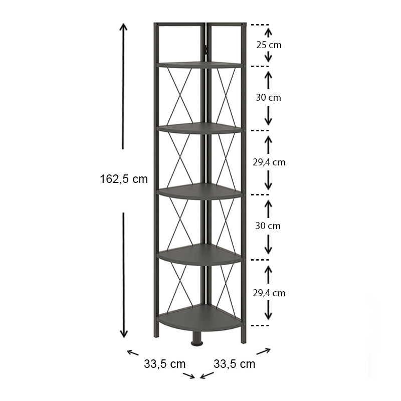 Kelsie Megapap metallic - melamine corner bookcase in black - anthracite color 33x33x162cm.