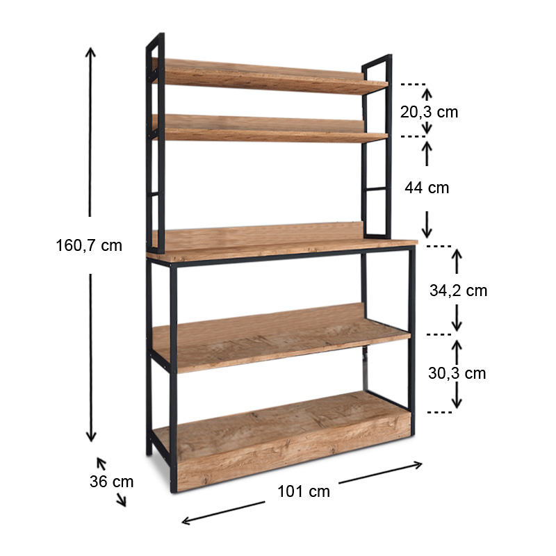 Foyer Megapap metallic floor shelf unit in black - pine oak color 101x36x160,7cm.