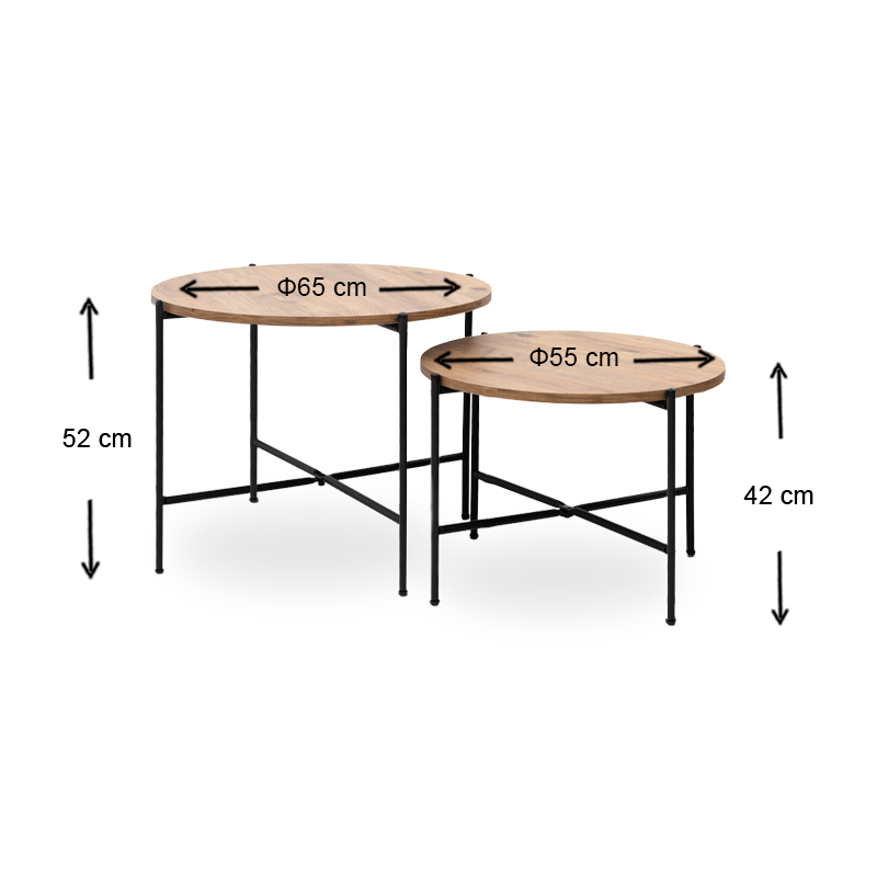 Zayden Megapap metallic - melamine set side tables 2 pieces in pine oak color 65x65x52cm.
