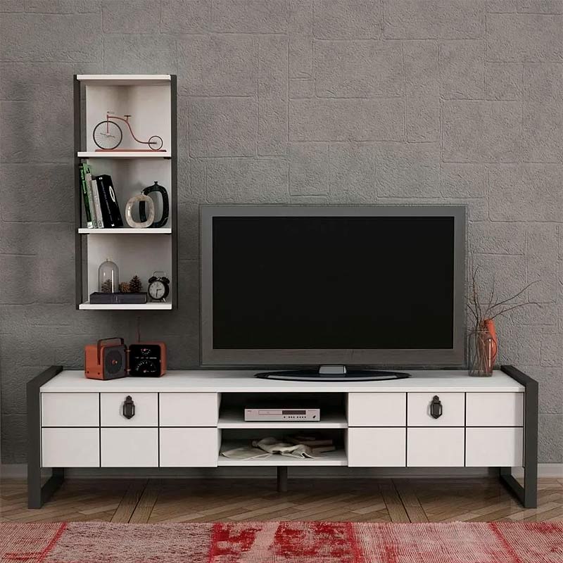 Ursula Megapap melamine TV unit in white - black color 184,5x34x45cm.
