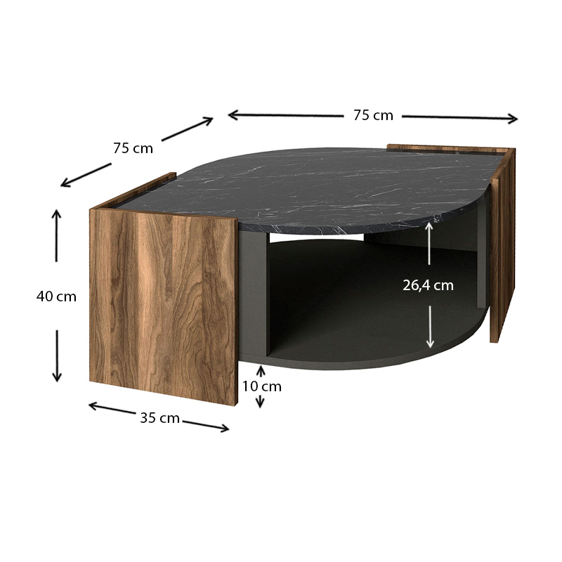 Marbel Megapap melamine coffee table in walnut - black marble effect color 75x75x40cm.