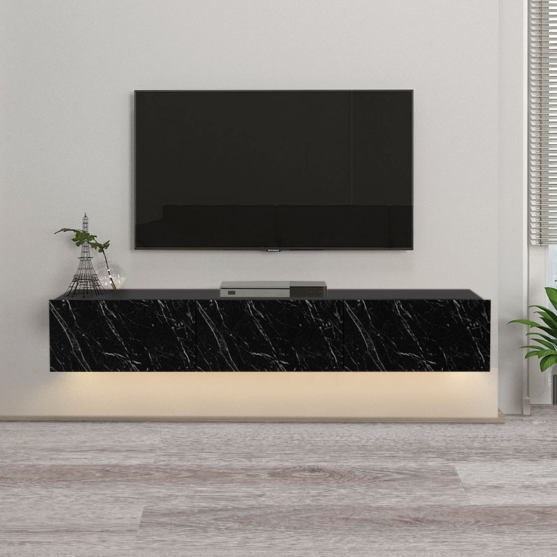 Damla Megapap melamine wall TV cabinet with LED lighting in black marble effect color 180x29.5x29.5cm.