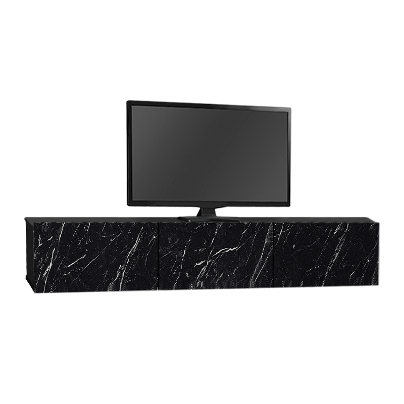 Damla Megapap melamine wall TV cabinet with LED lighting in black marble effect color 180x29.5x29.5cm.