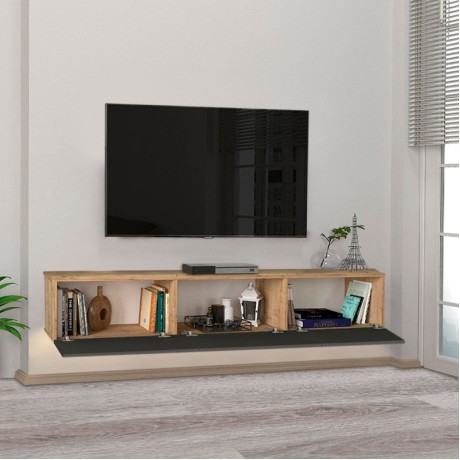 Έπιπλο τηλεόρασης επιτοίχιο Damla Megapap με LED χρώμα sapphire oak - ανθρακί 180x29,5x29,5εκ.
