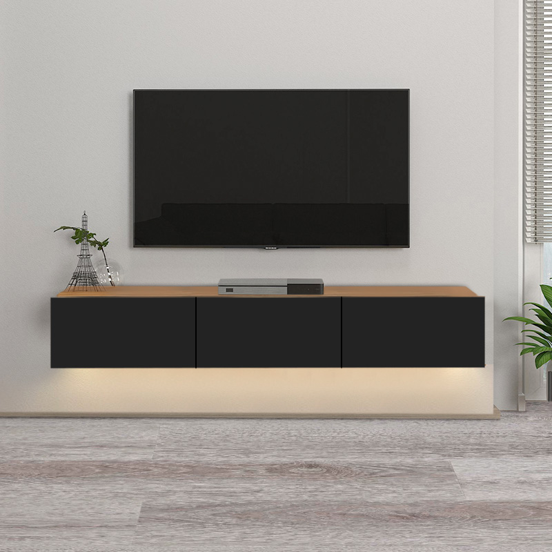 Damla Megapap melamine wall TV cabinet with LED lighting in sapphire oak - black color 180x29.5x29.5cm.