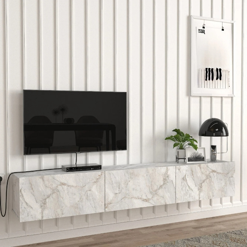 Damla Megapap melamine wall TV cabinet with LED lighting in white marble effect color 180x29.5x29.5cm.