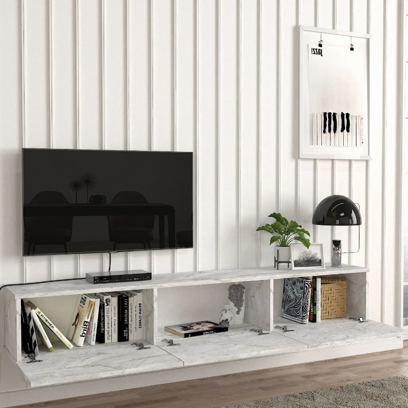 Damla Megapap melamine wall TV cabinet with LED lighting in white marble effect color 180x29.5x29.5cm.