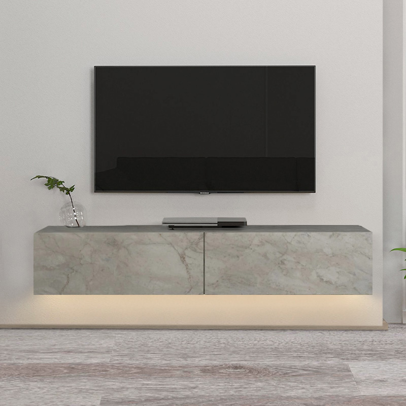 Aristo Megapap melamine wall TV cabinet with LED lighting in white marble effect color 135x31.6x25cm.