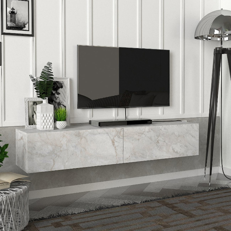 Aristo Megapap melamine wall TV cabinet with LED lighting in white marble effect color 135x31.6x25cm.