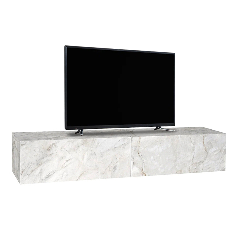 Aristo Megapap melamine wall TV cabinet with LED lighting in white marble effect color 135x31.6x25cm.