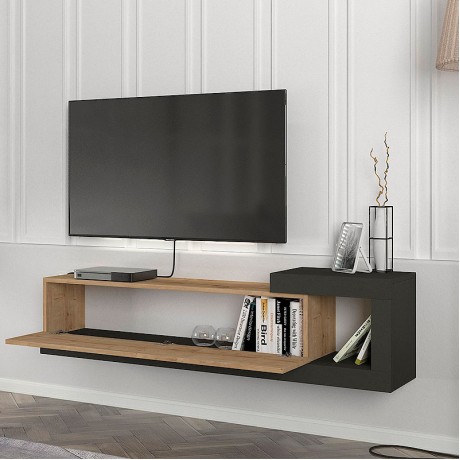 Έπιπλο τηλεόρασης επιτοίχιο Volare Megapap χρώμα sapphire oak - ανθρακί 150x29,6x38,6εκ.