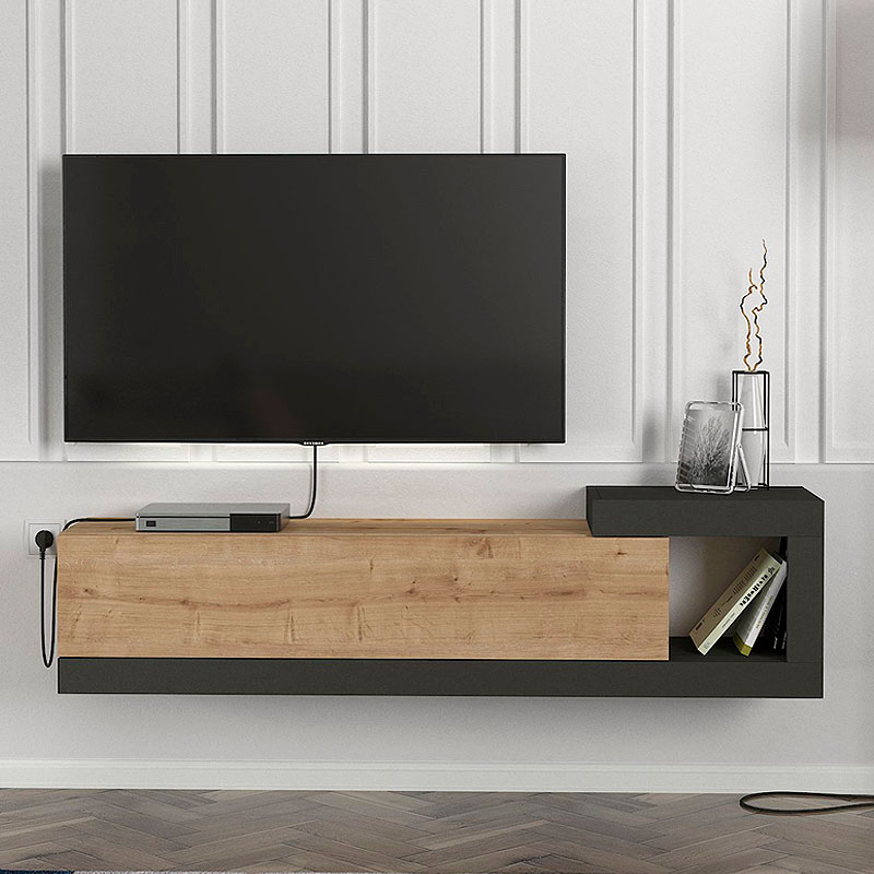 Έπιπλο τηλεόρασης επιτοίχιο Volare Megapap χρώμα sapphire oak - ανθρακί 150x29,6x38,6εκ.