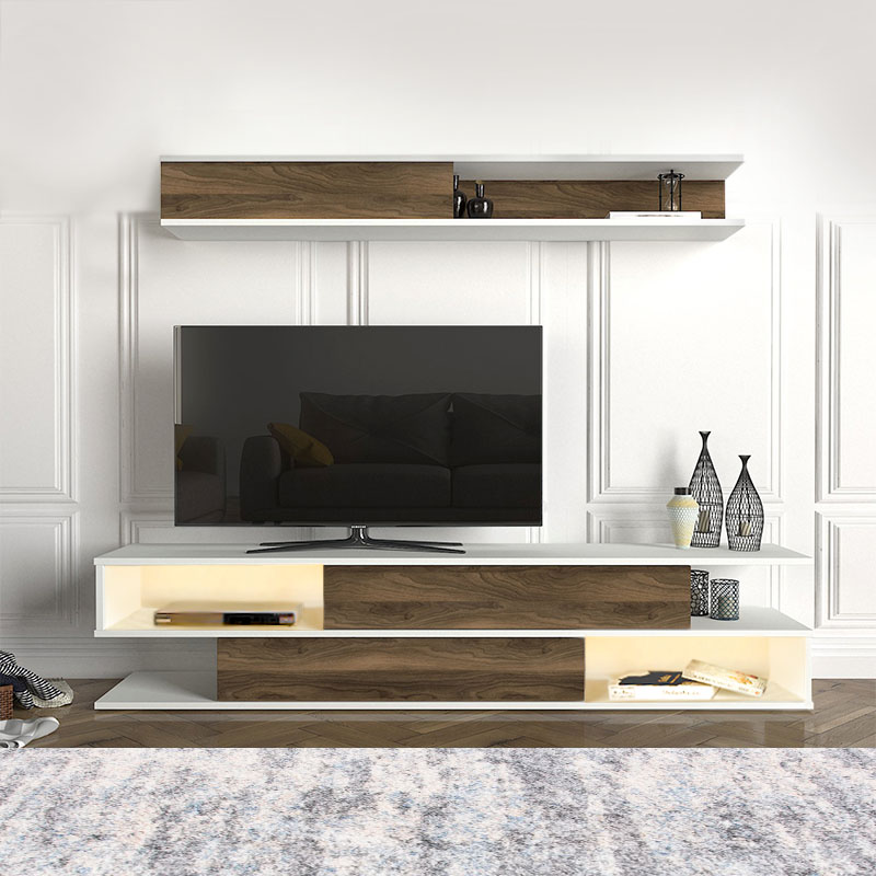 Manet Megapap melamine TV unit with LED in white - walnut color 180x29,5x39cm.