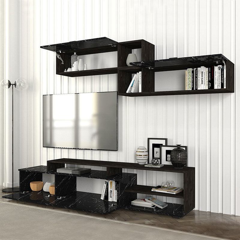 Grill Megapap melamine TV unit in black marble effect color 220x35x47,5cm.