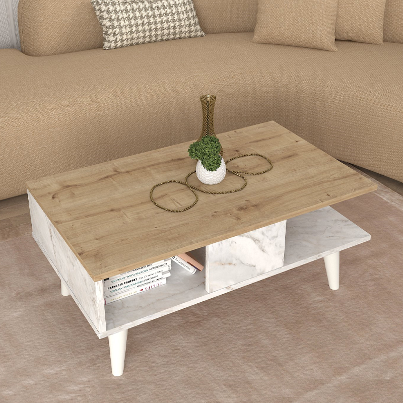 Andros Megapap melamine coffee table in sapphire oak - white marble color 90x54x39,6cm.