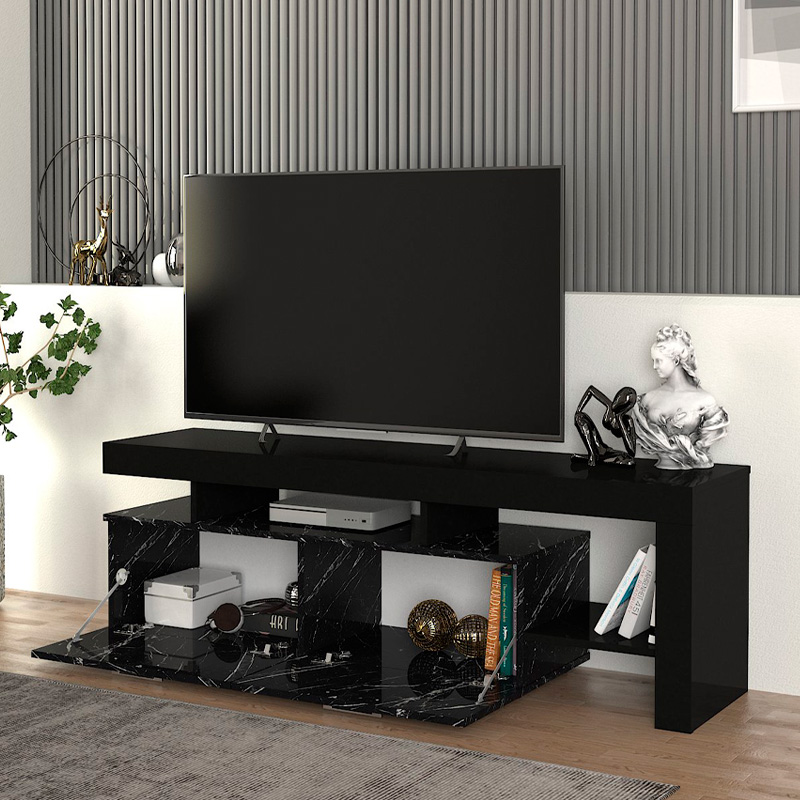 Acnes Megapap melamine tv stand in black - black marble effect color 160x40x53cm.