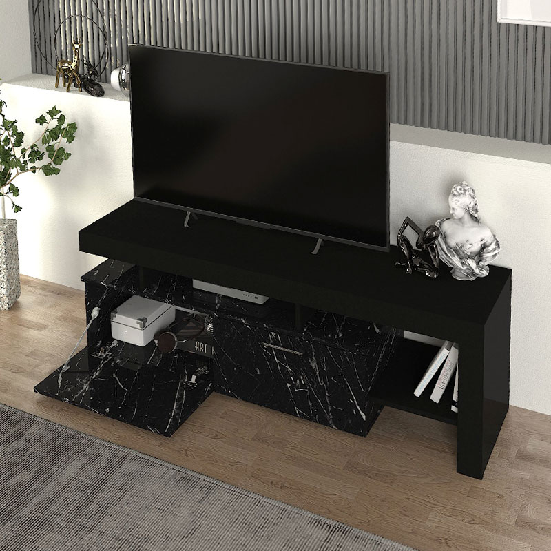 Acnes Megapap melamine tv stand in black - black marble effect color 160x40x53cm.