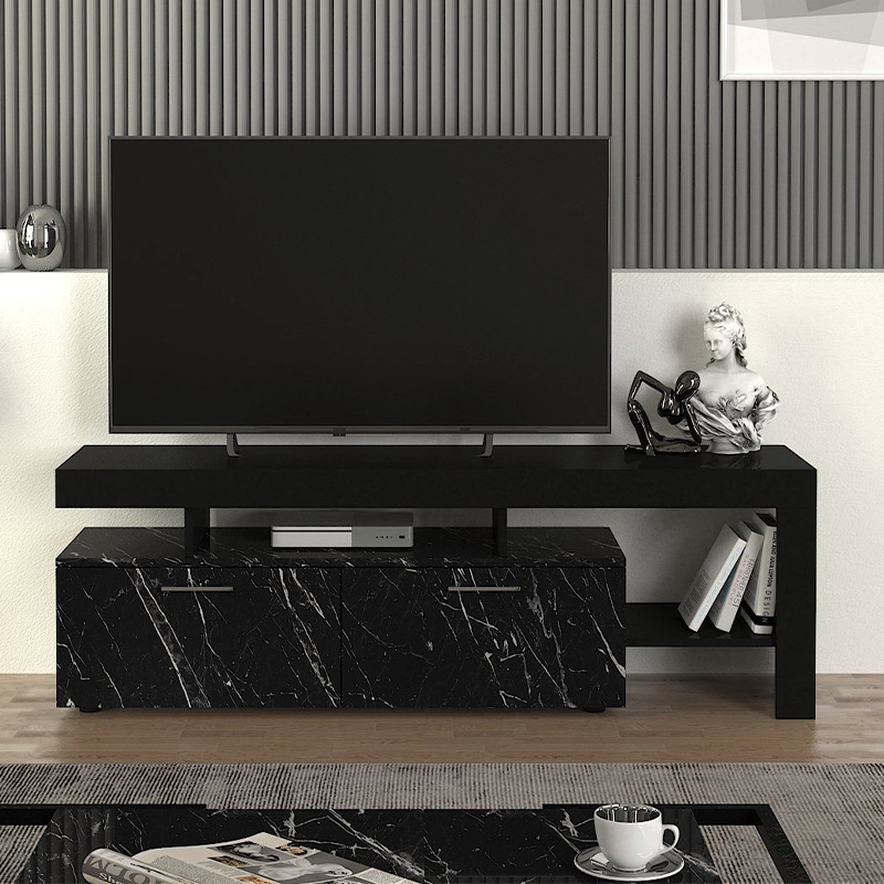 Acnes Megapap melamine tv stand in black - black marble effect color 160x40x53cm.